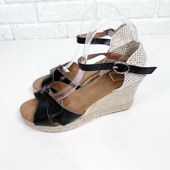 MAYPOOL Black Cross strapped Wedge Sandal Espadrilles with ankle strap size 39 - Picture 3 of 6